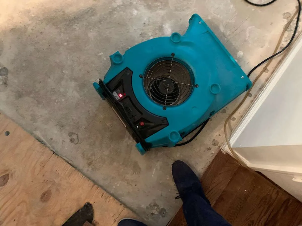Air mover drying subfloor during Commercial Water Damage Restoration in Claverack